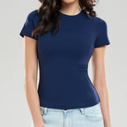 American Solid Color Short-Sleeved Right Shoulder T-Shirt Women'S Nude Quick-Drying Yoga Wear Slim Fit Sports Fitness Running Top