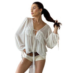 2026 New Summer Style V-Neck Pleated Fungus-Edged Lace-Up Shirt With Design, Temperament, Fashionable Commuting, European And American Cross-Border