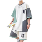 Summer Men'S Breathable Color Matching Loose Casual Suit Personalized Symbol Splicing Loose Casual Sports Suit Wholesale