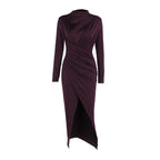 Yj24388 Autumn 2024 New Style Fashion Style Mid-High Collar Pleated Slit Slim Long-Sleeved Dress For Women