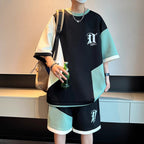 Summer Men'S Breathable Color Matching Loose Casual Suit Personalized Symbol Splicing Loose Casual Sports Suit Wholesale