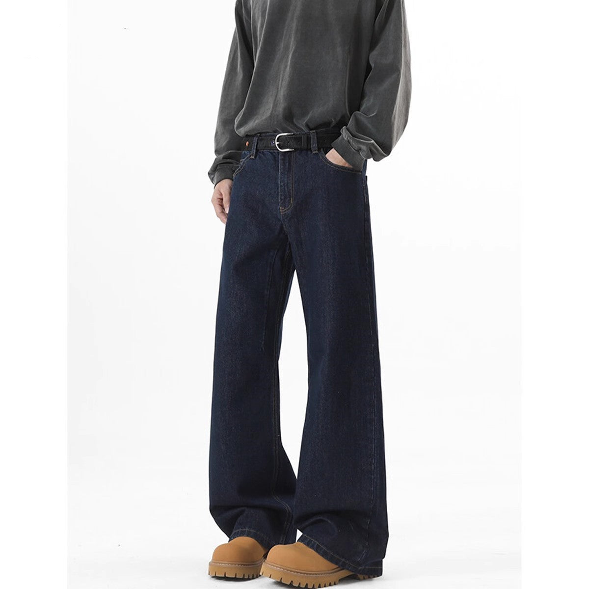 Denim Original Color Wide Leg Jeans Men'S Autumn American High Street Loose Trousers Cleanfit Washed Floor Mopping Pants